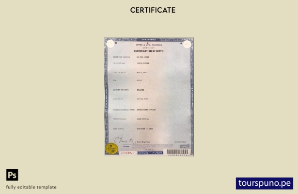 Plantilla de certificado de nacimiento del estado de Florida de EE. UU. lista pa